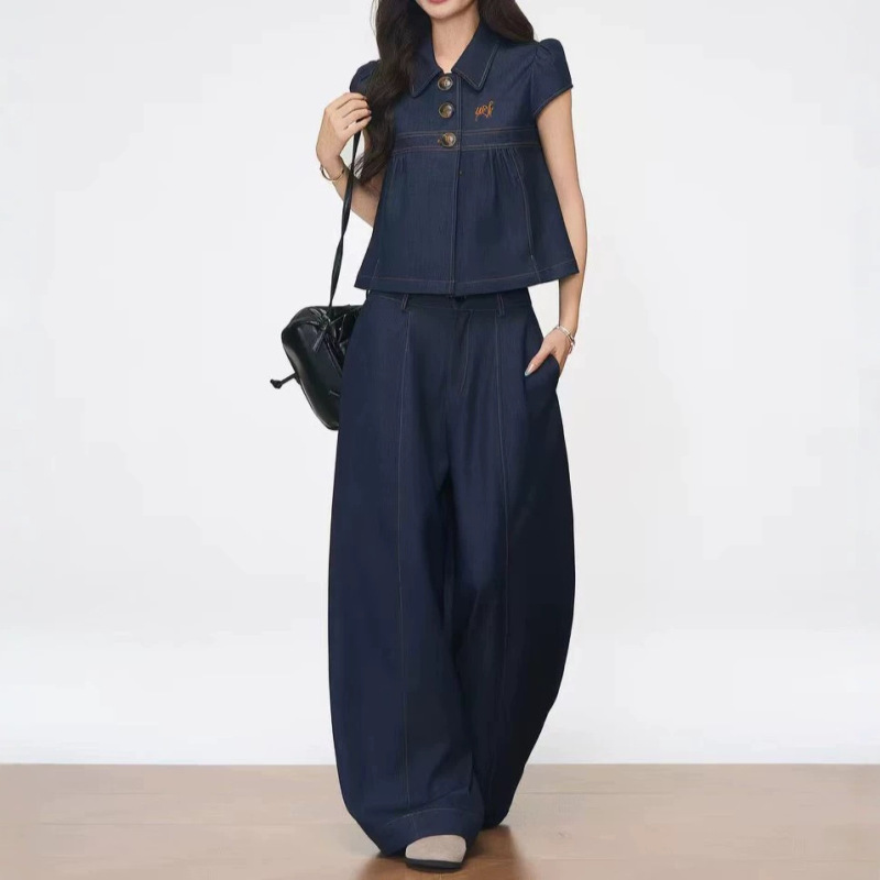 Imitation Denim Shirt Top Set + Imitation Denim Straight-Leg Casual Wide-Leg Pants Imitation Denim Shirt Top Set + Imitation Denim Straight-Leg Casual Wide-Leg Pants