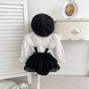 2025 New Baby Clothes Spring and Autumn Korean Style Baby Girl Solid Color Large Lapel Shirt Suspender Bag Pants Two-Piece Set