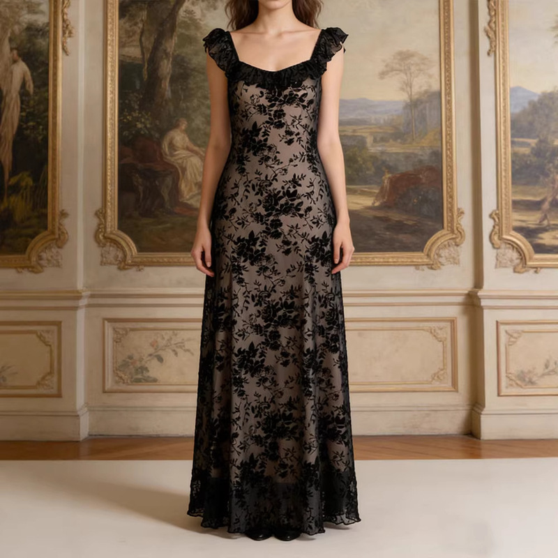 AE066 Black Flocked Dress 2026 New Model High-end Lace Slim-fit Daily Party Evening Dress AE066 Black Flocked Dress 2026 New Model High-end Lace Slim-fit Daily Party Evening Dress