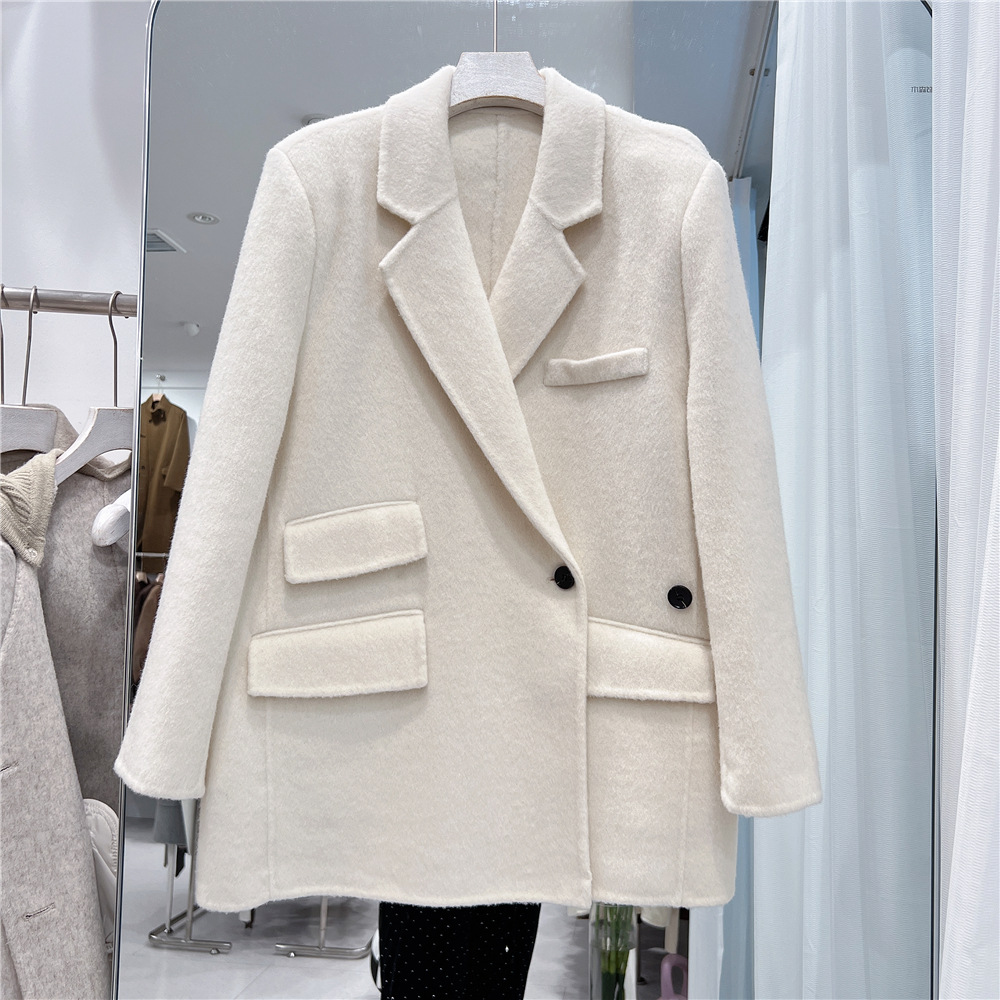 가을 2024 새로운 양면 캐시미어 코트 여성 짧은 틈새 세트 우아한 회색 고급 모직 코트