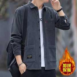 灯芯绒长袖衬衫外套男2025冬季新款休闲翻领加绒厚款工装外穿保暖