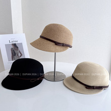 文艺简约金扣PU带马术帽子女夏季防晒草帽复古鸭舌帽通勤报童帽潮