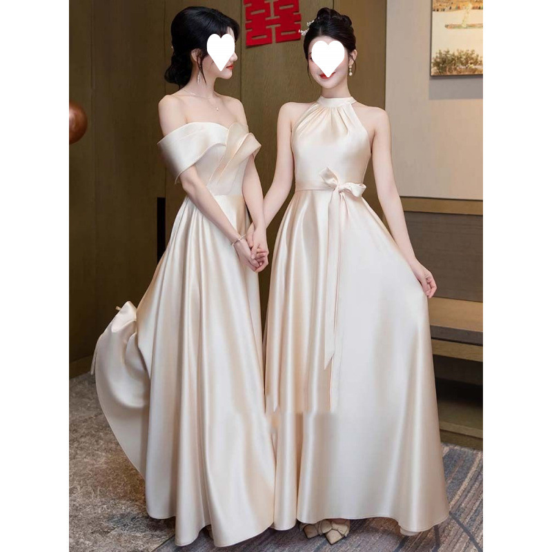 シャンパンサテンのブライズメイドドレスシスタードレス2025新しい婚約ドレス女性用、ハイエンドで美しい、日常着として着用できます|undefined