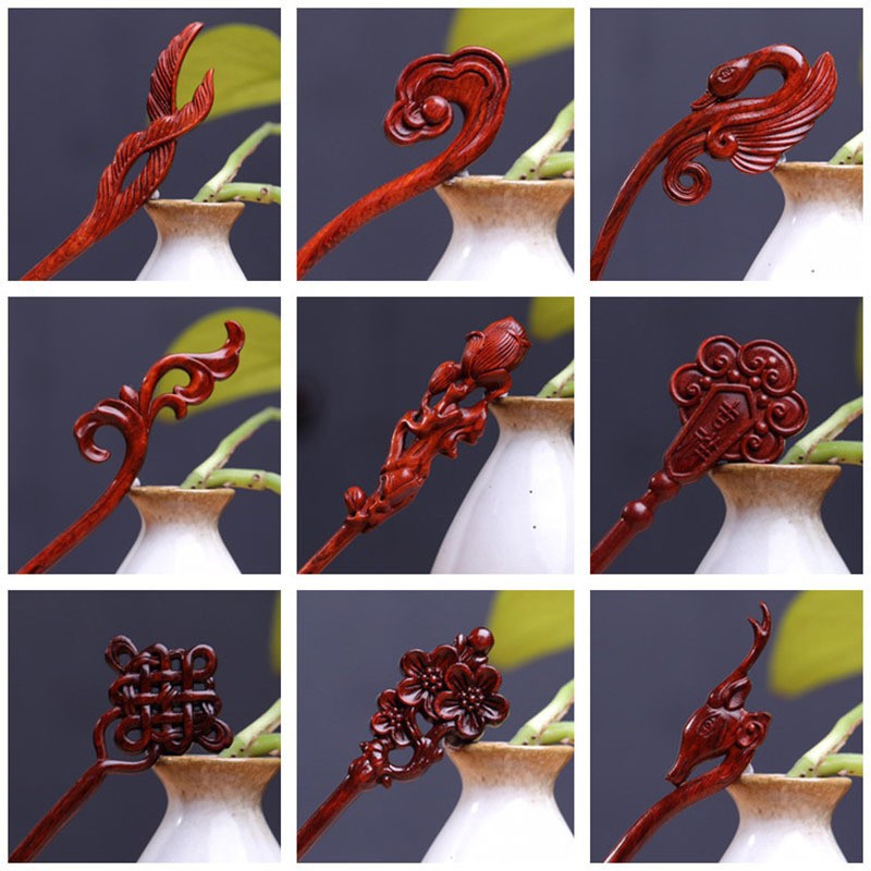 Zitan Wood Women's Hairpin Ancient Costume Hanfu Retro Hairpin Hollowed-out Braid Hairpin Moon Rabbit Hairpin Wooden Carved Hairpin