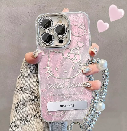 Чехол для телефона (серия Apple iPhone 11–17) с блестящим зеркалом Hello Kitty и металлическим кулоном, розовый/серебристый