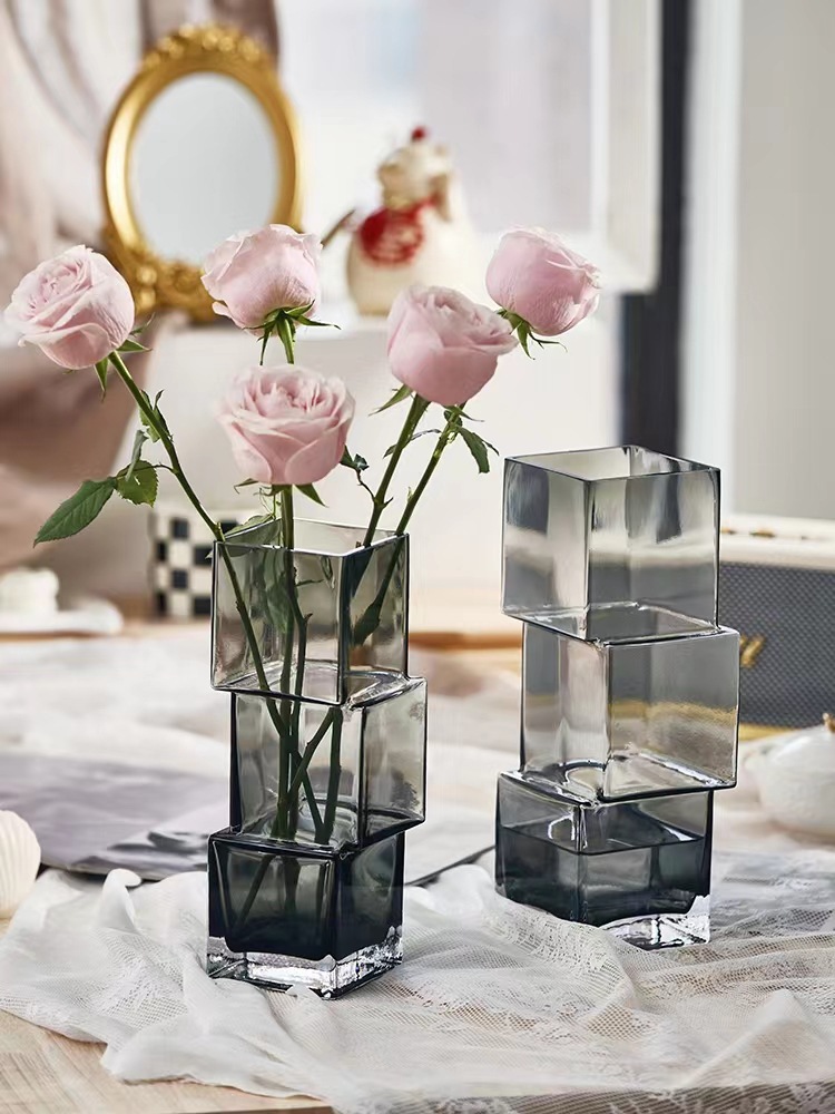 Light luxury glass transparent hydroponic flower arrangement living room table decoration ornaments creative special-shaped misaligned square vase