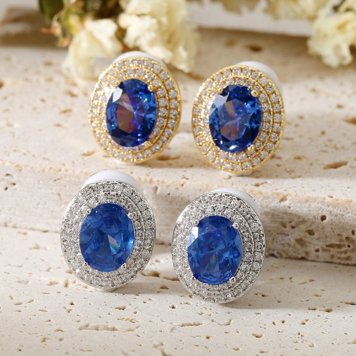 European and American French Retro Women's Ear Buckle Sapphire Oval Imitation Moxan Diamond Earrings Hong Kong Style Hepburn Elegant Earrings
