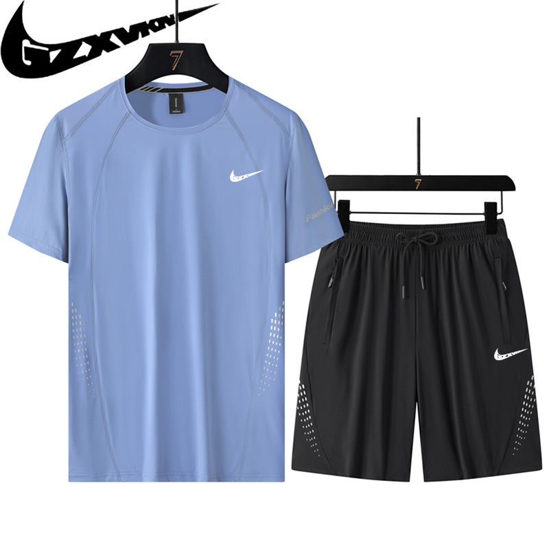 Men's Sports Suit Summer Ice Silk Quick-Drying Shorts Short-Sleeved Sports Clothing Men's Running T-Shirt Casual and Breathable