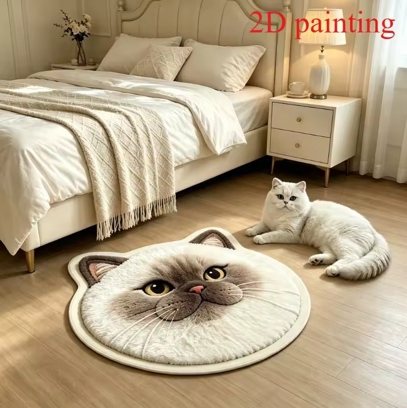 Cute cat imitation cashmere floor mat, water-absorbent and dirt-resistant, bedroom cooling foot mat, cartoon cute pet shaped floor mat, Amazon