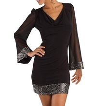 2024新款欧美跨境女装波浪堆堆领长袖网纱拼接亮片时尚宽松连衣裙