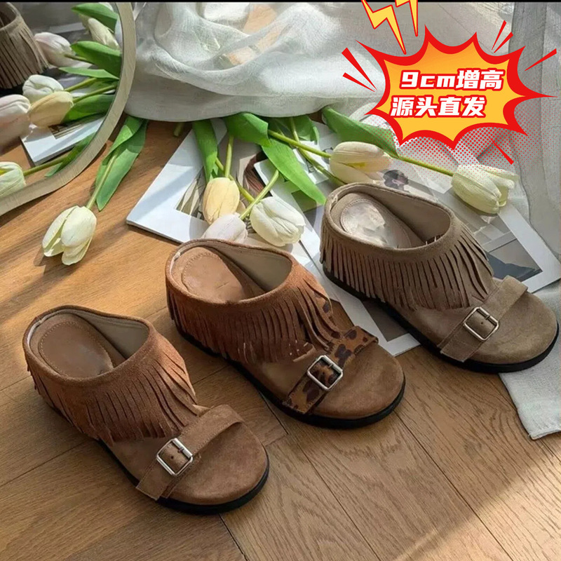 9cm Retro Bohemian Style Tassel Flip-Flops for Women Summer Outerwear Thick-Soled Leopard Print Sandals Flip-Flops for Women