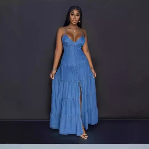 European and American women's cute and sexy V-neck halter dress with backless cake skirt long dress women's dress