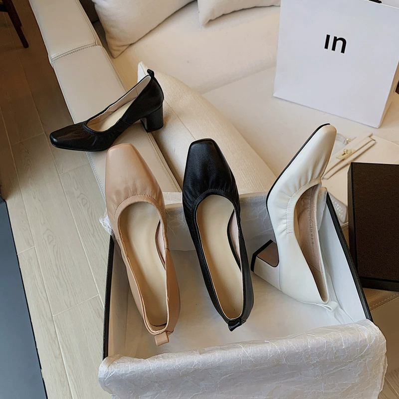 2024 Spring thick heels, single shoe sheepskin grandmother shoes inside and out of all -leather CAO soft French square high heels confidentiality