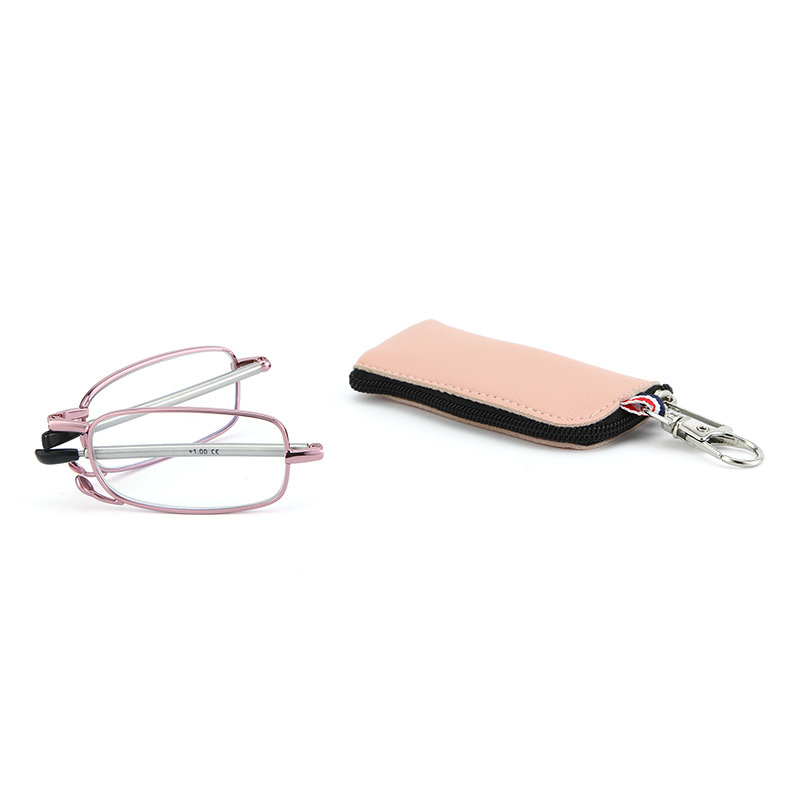 Antenna Anti-Blue Light Folding Reading Glasses Mini Compact Stainless Steel Reading Glasses with Retractable Temple Keychain Square Frame