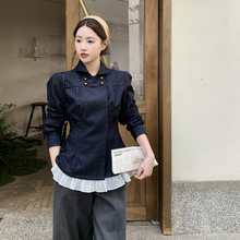 2026秋季新款双排扣牛仔打褶收腰拼接翻领长袖上衣女式外套SL9695