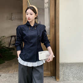 2026秋季新款双排扣牛仔打褶收腰拼接翻领长袖上衣女式外套SL9695