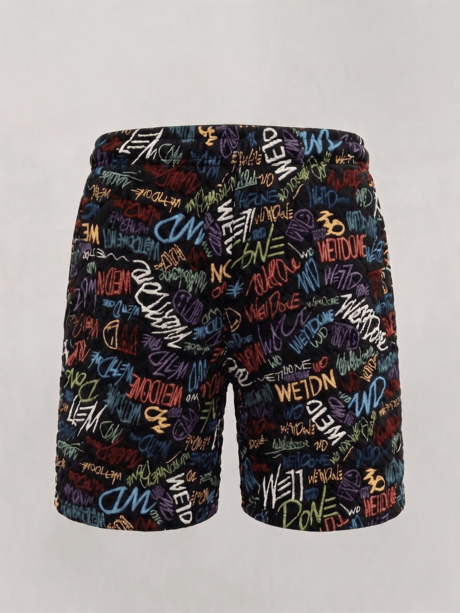 Retro Full Print Graffiti Lettering Men's Summer Shorts, High Street Loose Fit Straight Leg 5-Point Shorts_viptrois.com