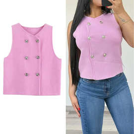 无袖针织开衫上衣毛衣针织衫女夏薄款跨境速卖通粉色针织上衣