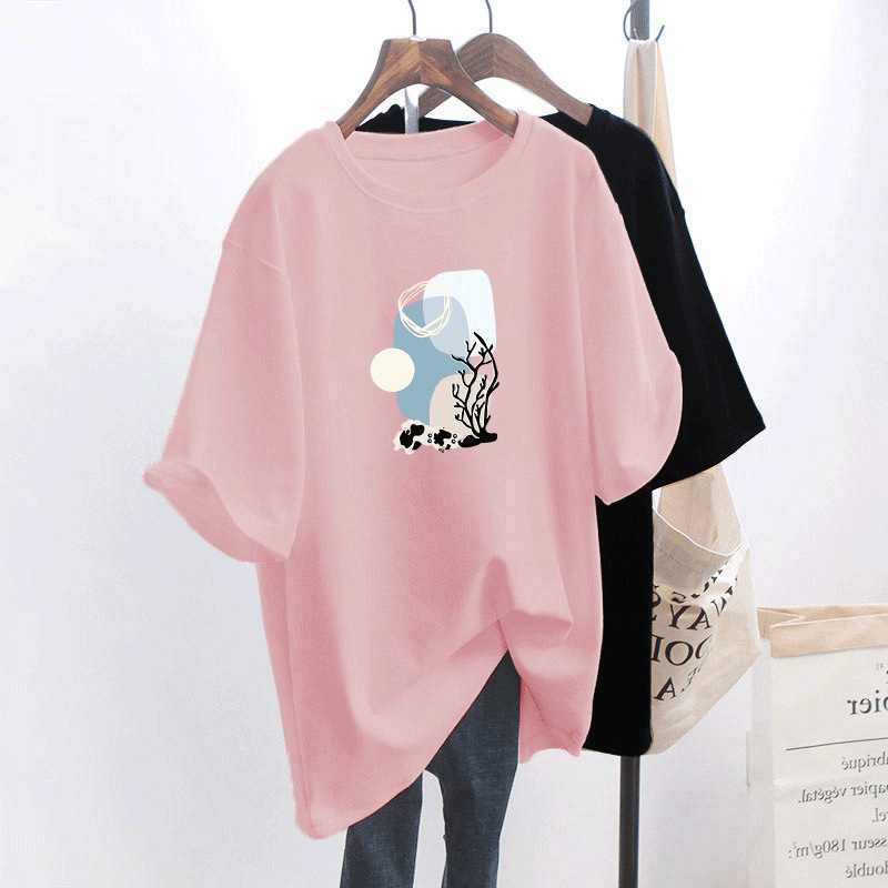 Heavy cotton short sleeve T-shirt female students Korean version of loose 200kg fat mm large size women's slimming half sleeve jacket