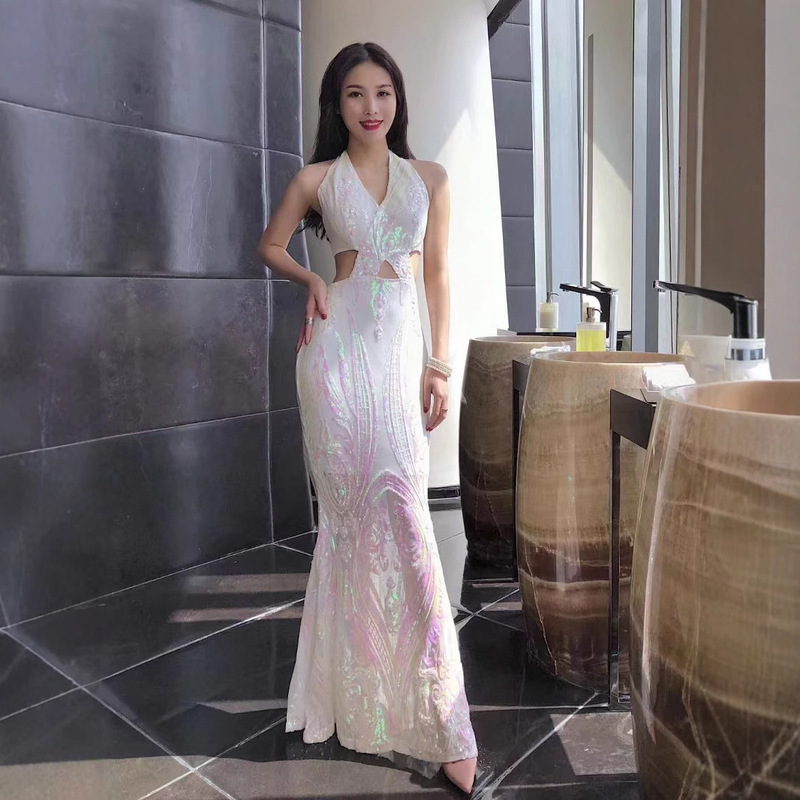 Sexy Fashion Backless Hanging Neck Hollow Sequin Slim-fit Long dress Gown