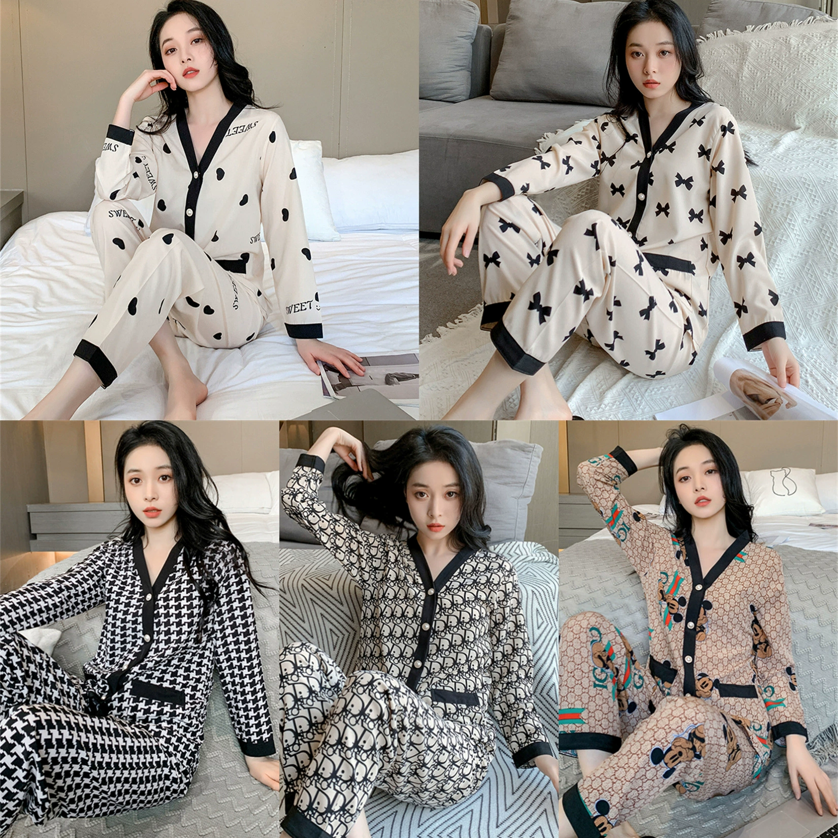 Весенняя Пижама, женские брюки с длинными рукавами, тонкий ледяной шелк, весенне-летний милый женский настенный хлопковый Шелковый свободный костюм для домашней одежды