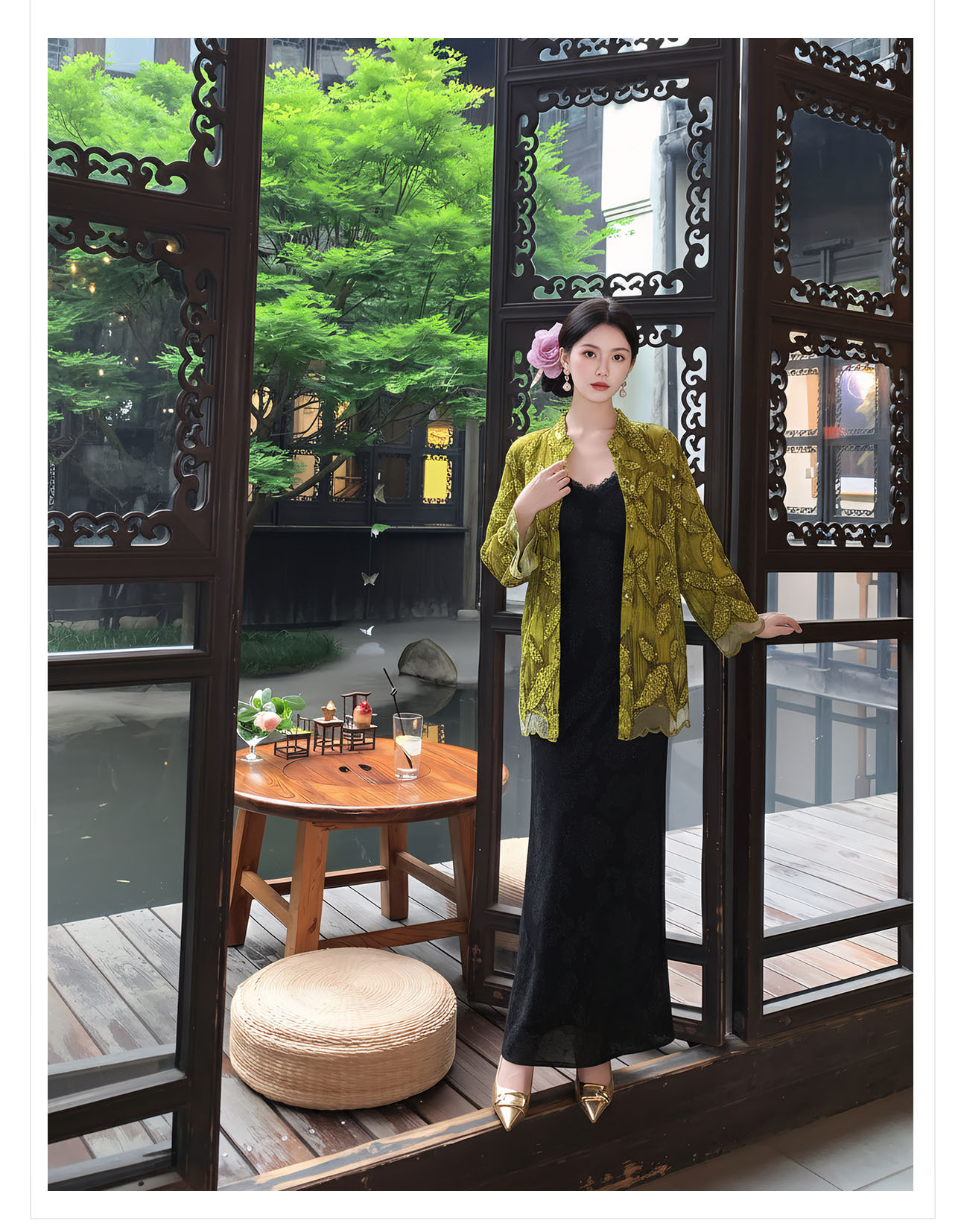 Bộ áo kiểu tân cổ điển phối váy yếm ren hoa thêu — Bộ【Áo vàng xanh + Váy yếm màu matcha】, Áo vàng xanh, Váy yếm màu matcha, Váy yếm đen cao cấp chi tiết 13