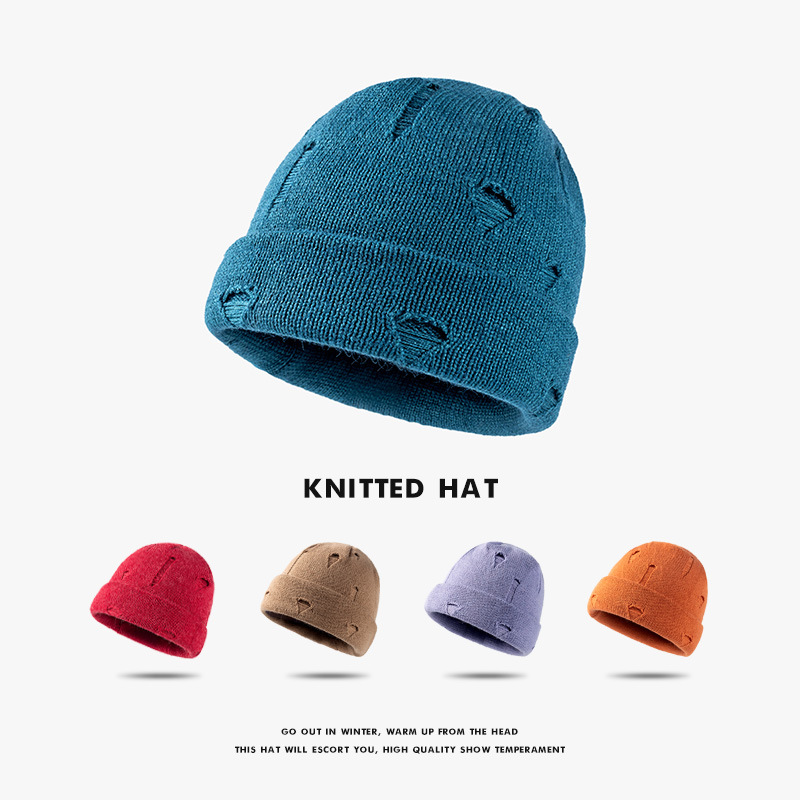 Knit hat female autumn break hole European and American retro hats outdoor fashion warm men's thick wool hat tide