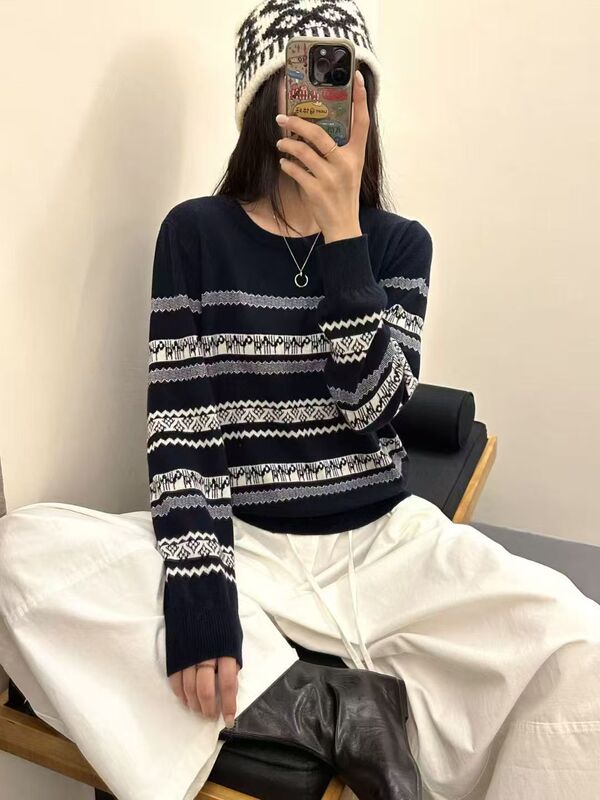 濮院细羊毛圆领条纹套头高品质上衣简约通勤秋冬新款针织毛衣女装|undefined
