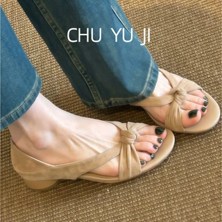 初遇季法式复古交叉绑带凉鞋女粗跟露趾包跟鞋