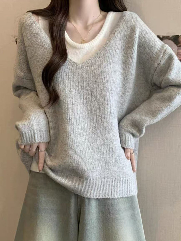 软糯高级感套头长袖两件套毛衣女秋冬韩版精仿羊毛慵懒风针织上衣|undefined