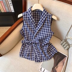 初夏のドーパミンウェアブルーVネックリボンストラップチェック柄ベストレディースサマーアウタースリムフィットノースリーブトップ