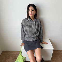 Fu 日常减龄~飘带领格子不规则衬衫女秋季氛围感格纹收腰小衫5396