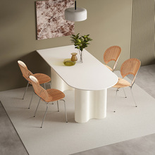 法式奶油风餐桌单头圆纯白岩板餐桌设计师咨询桌样板房桌学生书桌