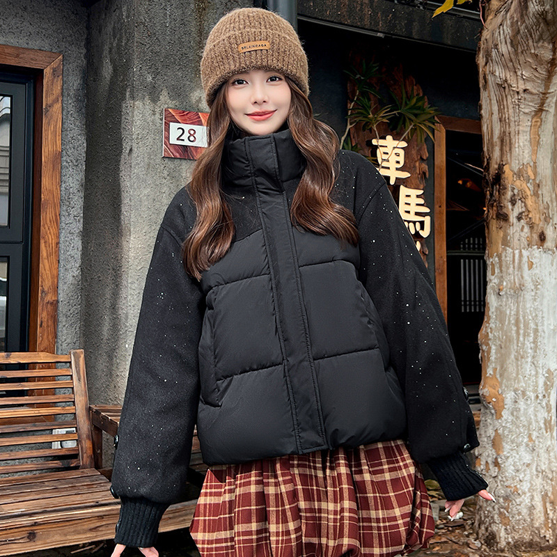 亮片棉衣拼接棉服女外套冬季2025新款小个子立领保暖短款外穿ins|undefined