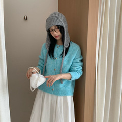 小香风金属扣蓝色圆领针织开衫女秋冬慵懒风软糯毛衣外套宽松上衣