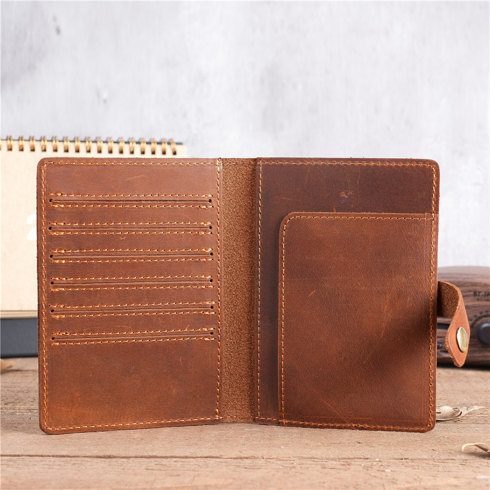 NT005 Men's and Women's Vintage Genuine Leather Passport Holder Wholesale Crazy Horse Leather Multi-Card Slot Card Case Coin Purse Button
