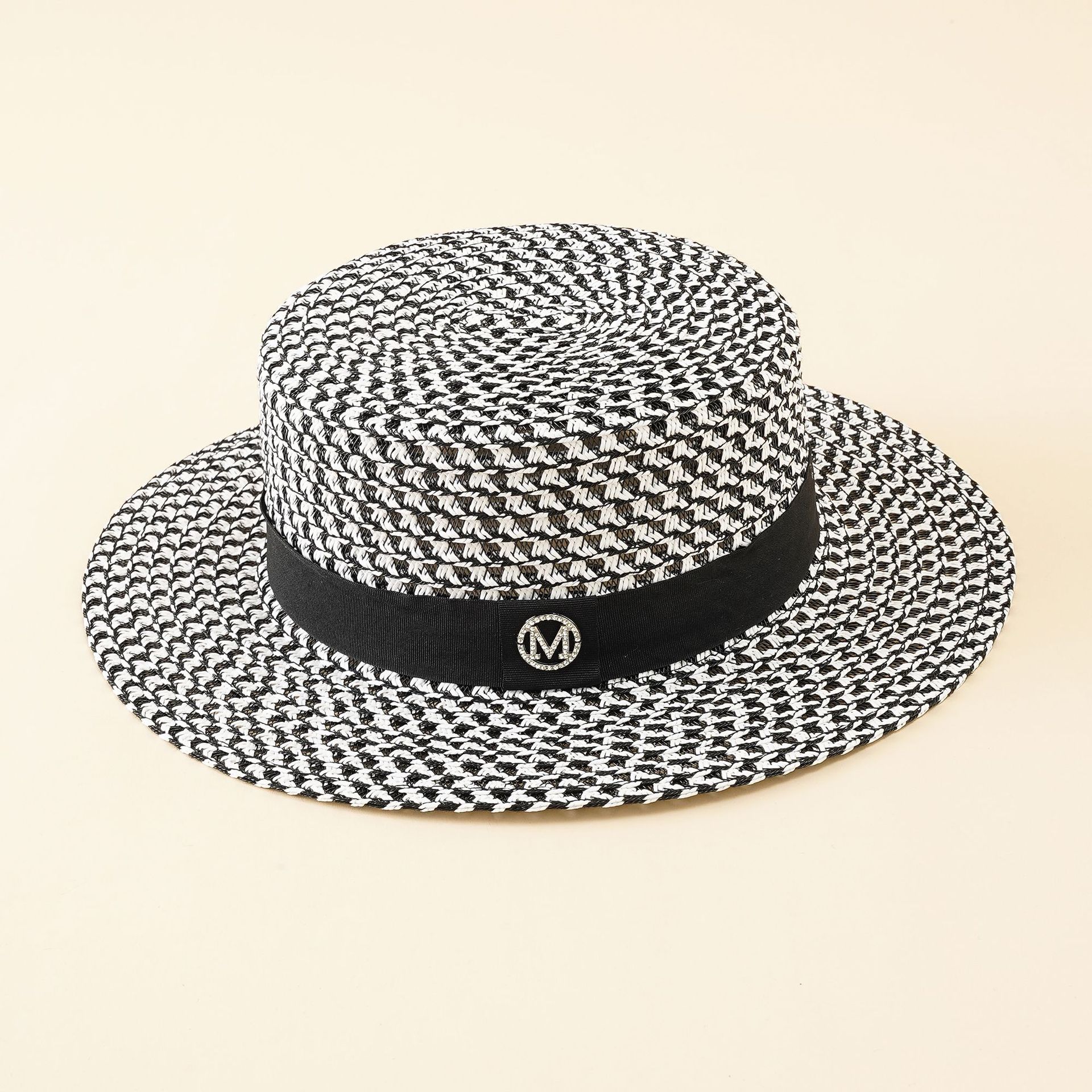 Sombrero de sol femenino blanco y negro sombrero de paja superior plana sombrero de playa vacaciones de verano en el mar británico sombrero de copa protección solar marea de viaje