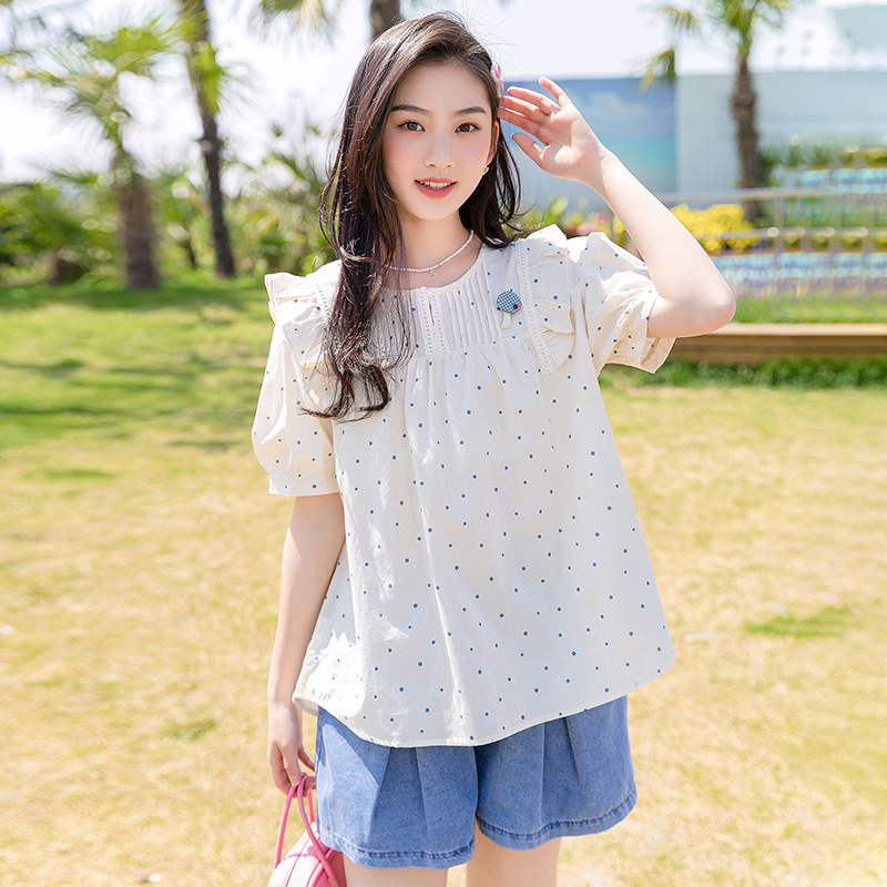 5063初高中学生上衣牛仔短裤两件套夏季少女中大童宽松休闲套装女