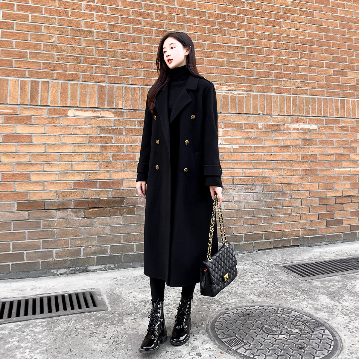 In Stock 6819 New Plus-Size Women's Mid-Length Woolen Coat Hepburn Style Autumn and Winter Over-The-Knee Woolen Jacket
