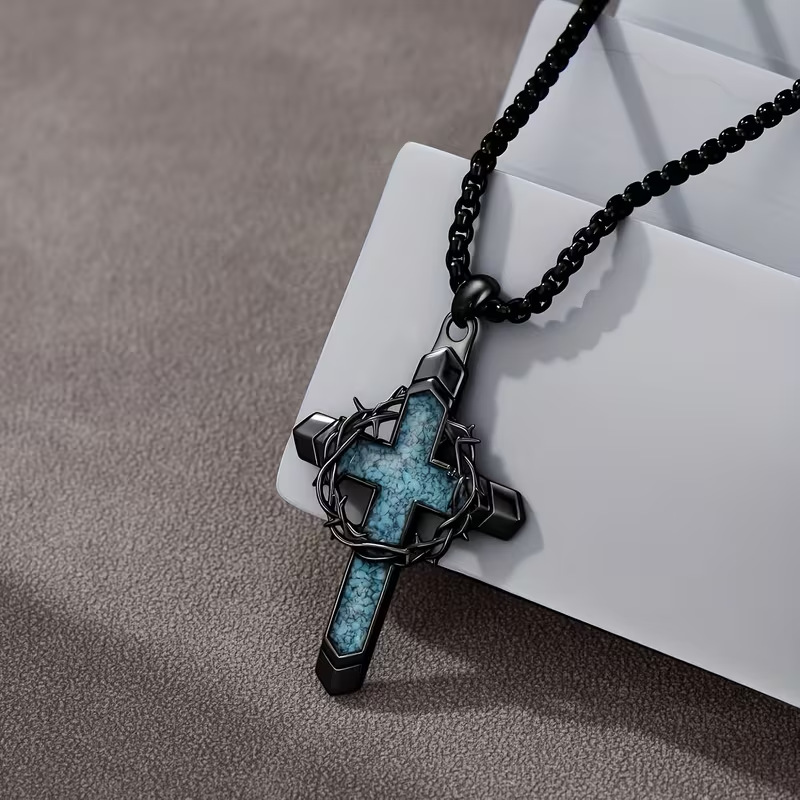 Cross-Border Thorn Wreath Cross Necklace Retro Men's Personalized Fashion Cross Pendant Hip-Hop Punk Jewelry