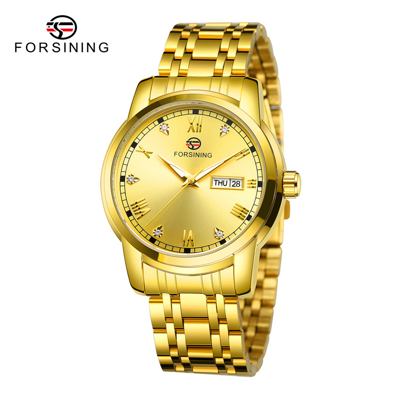 Forsining Fusini 8221 correa de acero reloj casual para hombres reloj mecánico automático calendario semana reloj