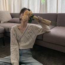 2024春秋新款v领针织上衣女慵懒风百搭宽松外穿绣花开衫外套短款
