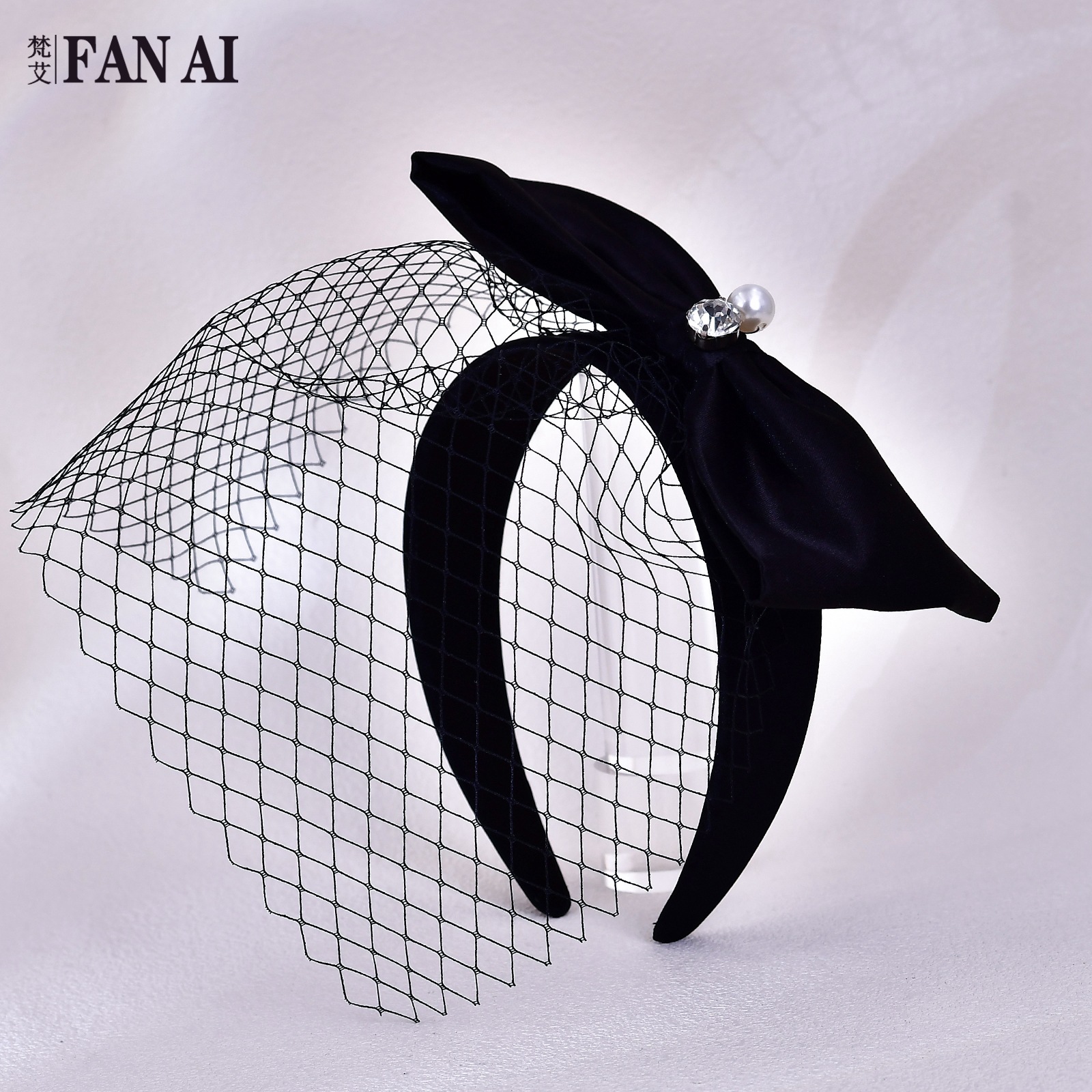 Fanai French-style black bow mesh veil headband European and American socialite pearl face-covering headband accessory SA147