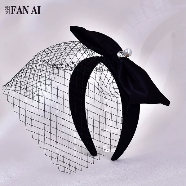 Fanai French-style black bow mesh veil headband European and American socialite pearl face-covering headband accessory SA147