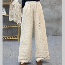 提花棉麻夹棉长裤女冬季中国风复古松紧腰直筒棉裤宽松百搭阔腿裤