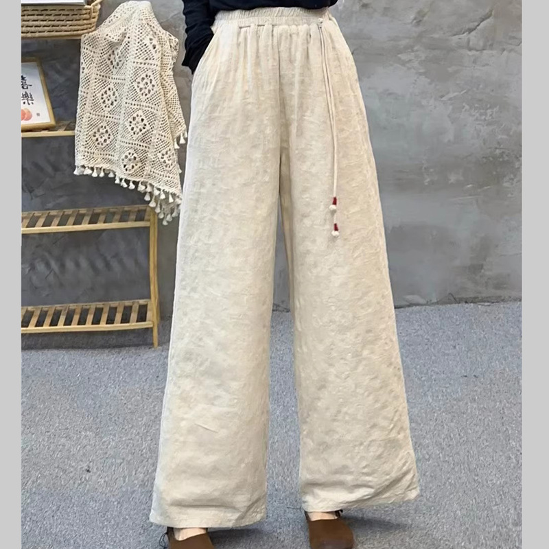提花棉麻夹棉长裤女冬季中国风复古松紧腰直筒棉裤宽松百搭阔腿裤