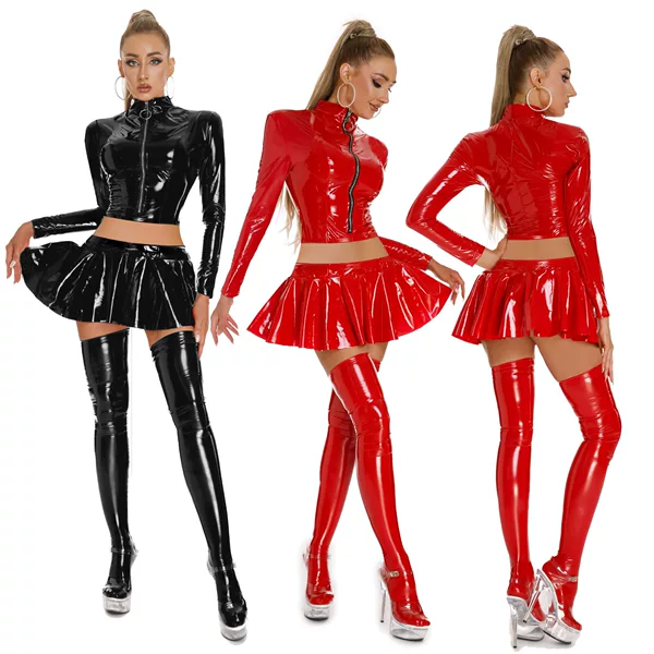 Shiny Patent Leather Stage Nightclub Performance Outfit, Sexy European and American Style Tight-Fitting Leather Jacket and Skirt Set Performance Outfit