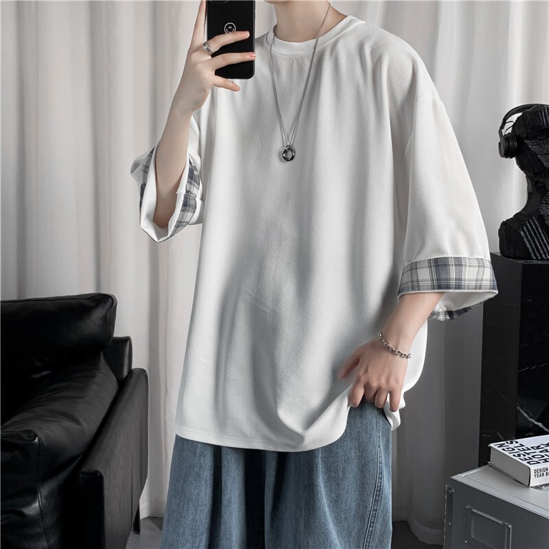 Ice Silk short sleeve men's summer thin fashion brand ruffle handsome draping T-shirt Hong Kong style loose bf lazy style stitching 7 3/4 sleeve Ice Silk short sleeve men's summer thin fashion brand ruffle handsome draping T-shirt Hong Kong style loose bf lazy style stitching 7 3/4 sleeve