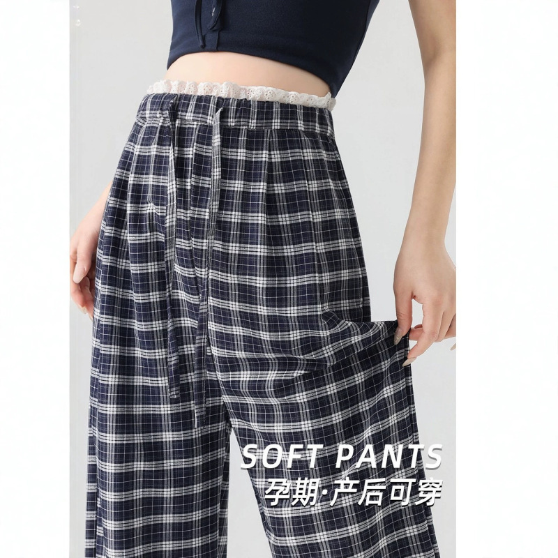 Maternity Pants for Spring and Summer, Thin Style, Retro Plaid Straight-Leg Pants, Wide-Leg Pants That Don'T Squeeze the Belly during Pregnancy, Spring and Summer Wear Maternity Pants for Spring and Summer, Thin Style, Retro Plaid Straight-Leg Pants, Wide-Leg Pants That Don'T Squeeze the Belly during Pregnancy, Spring and Summer Wear