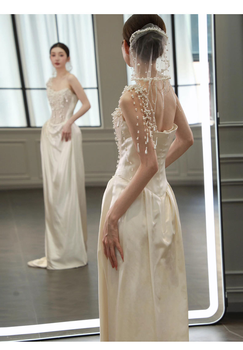 Elegant Style Light Wedding Dress Pearl Morning Robe Mermaid Style Gown For Engagement Niche Banquet Evening Wear_ecoleips.com